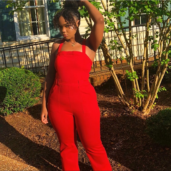 red jean jumpsuit